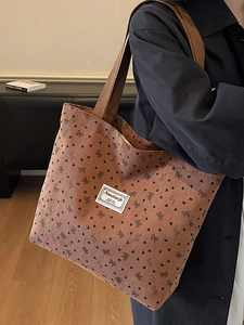 Brown corduroy tote bag with heart patterns for women's large capacity commute use