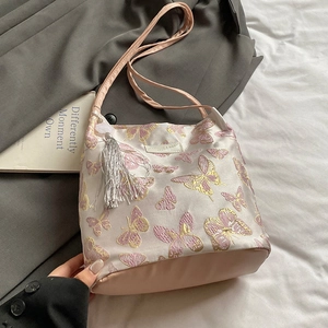 Sac fourre-tout élégant en toile style chinois avec broderie papillon rose et gland