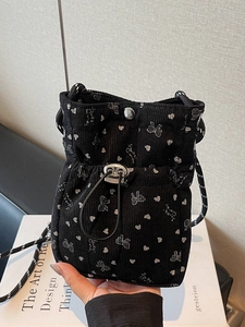 Women Sweet Corduroy Mini Shoulder Bag Heart Bow Print Small Crossbody Phone Purse With Braided Strap Daily Casual Purse