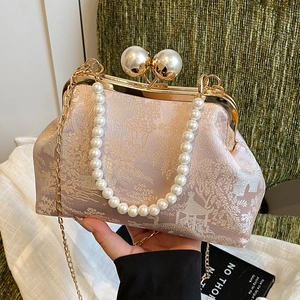 Champagne gold embroidery evening bag with pearl handle and Chinese garden pattern