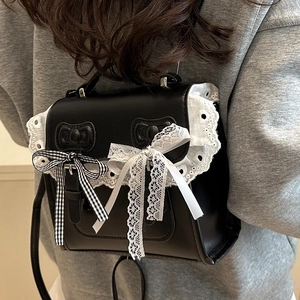 Sac à Dos Mini en Cuir PU Lolita Sucrée Dentelle Nœud pour Femmes Mode Carrée Sac à Bandoulière Style Académie Main