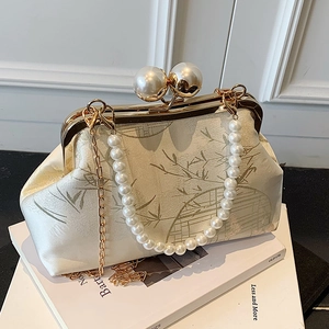 Elegant Chinese style satin evening bag with bamboo print and pearl chain handle
