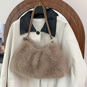 Khaki plush bucket bag with brown leather strap and gold rings for autumn winter commute