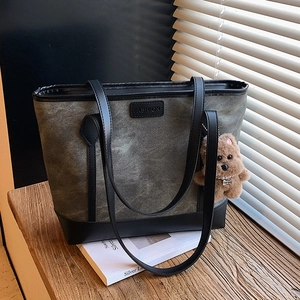 Women Large Capacity Tote Bag PU Leather Contrast Color Fashion Patch Commuting Shoulder Bag Retro Casual Handbag