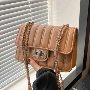Quilted camel chain shoulder bag with crystal-embellished silver twist lock closure