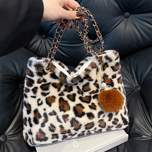 Leopard print plush faux fur tote bag with metal chain strap and pearl pompom charm