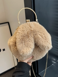 Sac à main mignon en peluche kaki avec oreilles de lapin, poignée dorée et chaîne