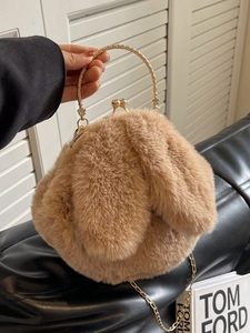 Sac à main mignon en peluche lapin kaki avec bandoulière chaîne dorée pour femme