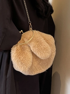 Sac bandoulière lapin mignon en peluche chameau avec chaîne dorée et fausse fourrure