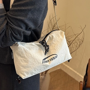 Minimalist white pleated nylon crossbody bag with black Fanyissa logo for daily wear