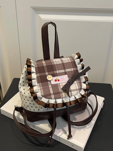 Sweet vintage backpack with brown plaid flap, ruffles, stars and cute bow decoration