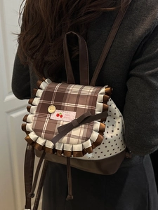 Japanese style backpack with brown plaid lace and decorative cherry bow accents