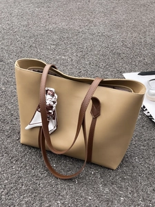 Elegant khaki large capacity tote bag with decorative silk scarf and brown shoulder straps