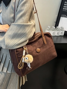Retro large brown suede shoulder bag for women with plush pendant and metal zipper