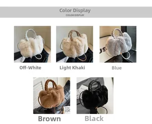 Color options of fuzzy plush handbags featuring thick woven handles and matching straps