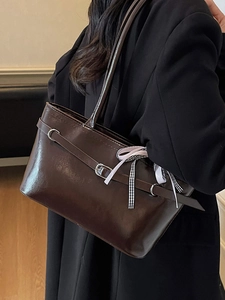 Borsa a Spalla Sottobraccio in Pelle PU Minimalista per Donna Tinta Unita Tote Bag a Grande Capacità Con Fiocco e Fibbia Borsa Decorativa