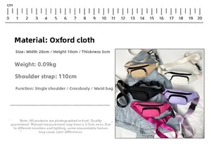 Detail showing colorful Oxford fabric waist bags with adjustable straps and front zip pockets