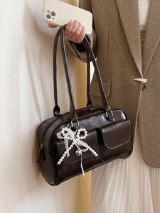 Brown faux leather tote bag with pearl charms and front flap pockets for women