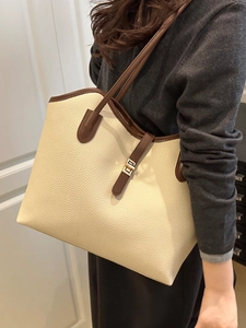 Fashion Women Large Capacity Tote Bag Pebbled PU Leather Contrast Shoulder Bag Commuter Handbag Versatile Shopping Bag
