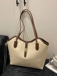 Large capacity cream tote bag with brown straps and gold buckle in elegant lychee pattern