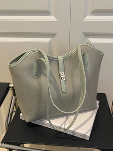 Large capacity light green tote bag with lychee texture and metal twist lock detail