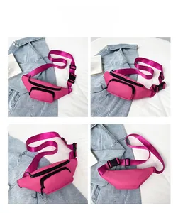 Detailed views of rose red oxford fabric waist bag with adjustable straps and buckles
