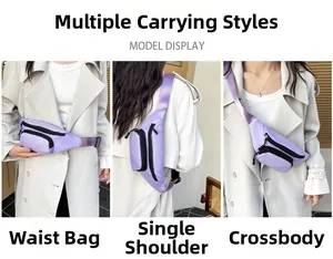 Light purple waterproof nylon waist bag shown in three stylish ways on a model