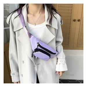 Close-up of a lavender waterproof nylon chest bag with adjustable gradient woven strap