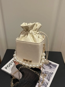 Women Leopard Print Bucket Bag With Artificial Pearl Handle Fashion PU Leather Crossbody Shoulder Bag Gold Chain Square Box Handbag