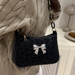 Fashion Women Leopard Print PU Leather Shoulder Bag Vintage Butterfly Bow Decor Underarm Bag Stylish Crossbody Handbag