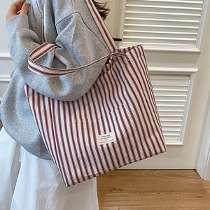 Women Large Capacity Canvas Stripe Tote Bag Casual Daily Commuting Shoulder Bag Versatile Open Top Handbag With Label