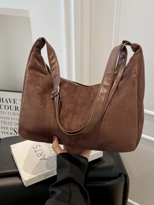 Retro brown large capacity frosted tote bag with suede texture and wide shoulder strap
