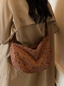 Women Corduroy Crossbody Bag Fashion Printed Heart Bow Hobo Bag Large Capacity Casual Retro Shoulder Bag Adjustable Strap