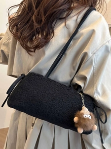 Women Autumn Winter Plush Underarm Bag Fashion Sherpa Shoulder Bag With Cute Monster Pendant Side Bow Casual Baguette Bag