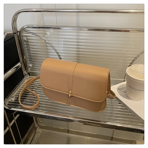 Detail of minimalist beige baguette bag with gold twist lock on glass shelf