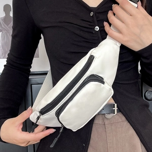Waterproof white oxford fabric crossbody bag with black zippers and adjustable strap
