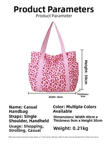 Pink leopard canvas tote bag details showing 40x30cm size specs and dual handles