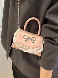Mini Borsa a Tracolla in Pelle PU con Fiocco per Donna Dolce Bordo in Pizzo Catena in Metallo Borsa Quadrata Piccola