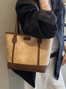 Women Fashion Retro Large Capacity PU Leather Tote Bag Color Stitching Shoulder Bag Commuter Handbag With Cute Dog Pendant