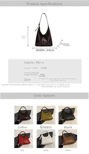 Detailed size specs and color selection for this large capacity vegan leather hobo bag