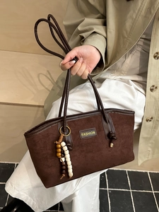 Vintage brown suede large capacity tote bag for women with bead charm decoration