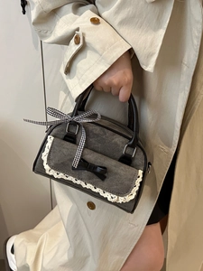 Sweet Bowknot Lace Trim Denim Look PU Boston Bag Women Small Square Bowling Handbag Retro Hand Carry Crossbody Shoulder Bag