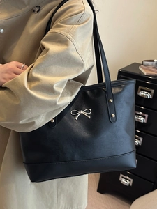Fashion PU Leather Tote Bag For Women Large Capacity Bow Design Shoulder Bag Minimalist Commuting Casual Office Handbag
