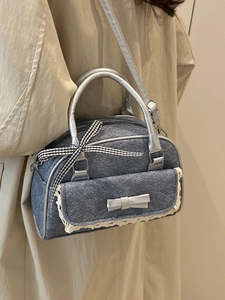 Denim bow Boston bag with lace trim and silver handles for sweet vintage fashion style