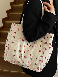 Sac Cabas Femme en Velours Côtelé Imprimé Fraise Grande Capacité Sac à Épaule Décontracté Fourre-tout Voyage Polyvalent