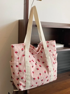 Sac fourre-tout en velours côtelé rose à imprimé fraises avec sangles en toile pour femmes