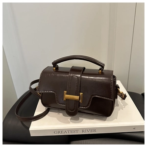 Détail d'un petit sac carré en cuir ciré marron foncé avec boucle dorée sur des livres