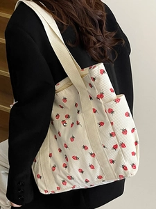 Sac fourre-tout en velours côtelé imprimé fraises pour femmes avec bandoulière large