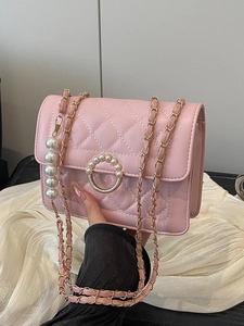Women's Quilted Artificial Pearl Chain Crossbody Bag Elegant PU Leather Shoulder Bag With Metal Strap For Daily Party Travel