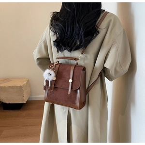 Detailed back view of a brown faux leather backpack with metallic handle and plush charm